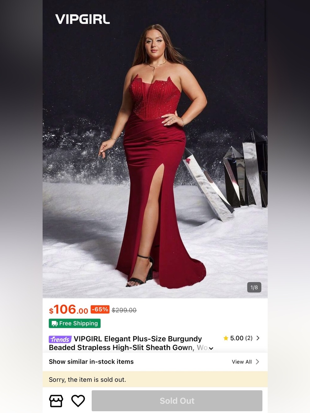 Burgundy Beaded Strapless High-Slit Sheath Gown - Plus Size